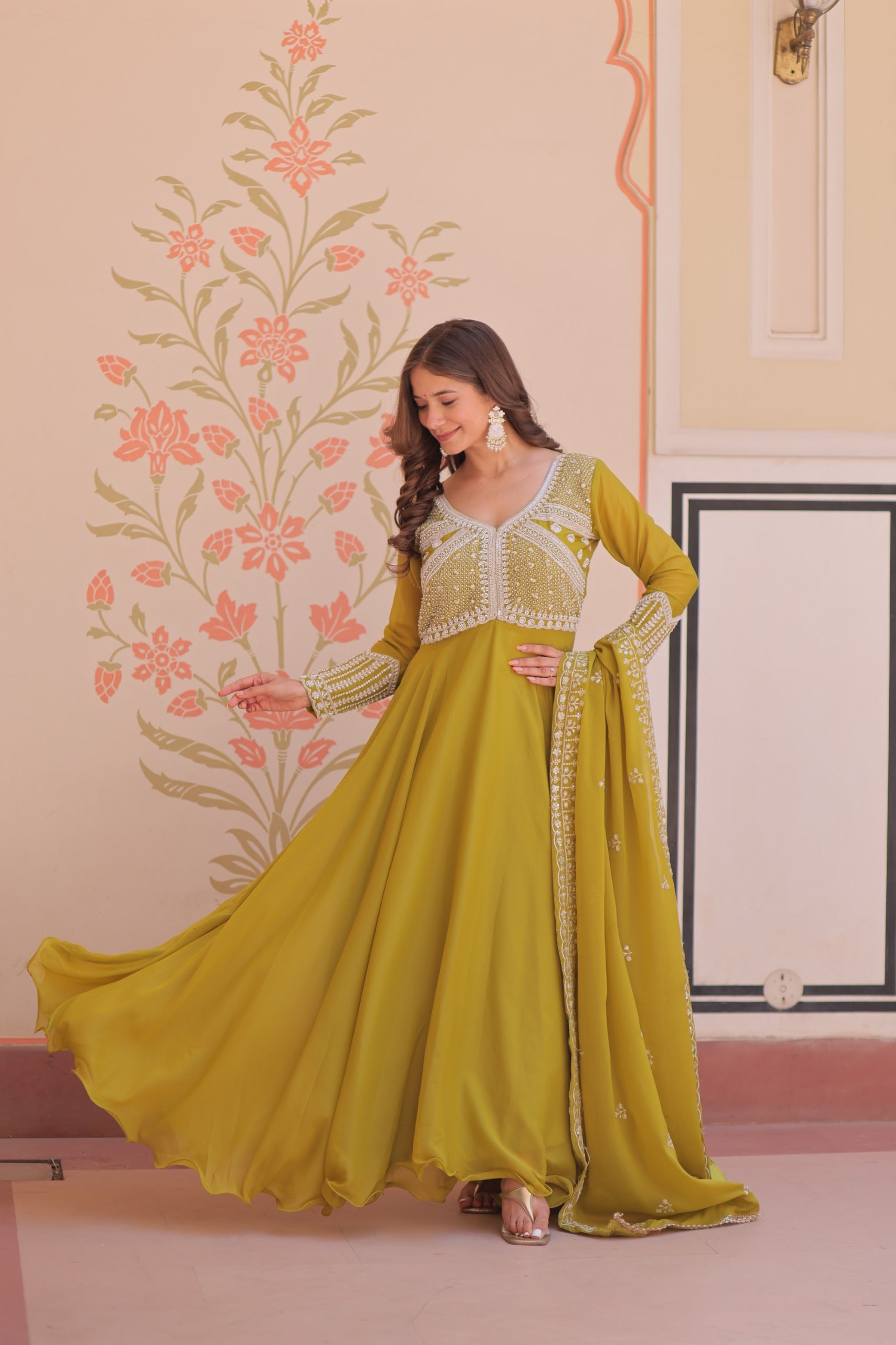 Georgette Beads Emboidered Gown With Dupatta